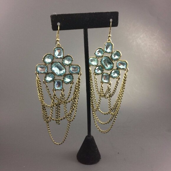 Long Blue Rhinestone Chain Swag Drop Costume Earrings Faceted 5" Runway - Picture 3 of 10